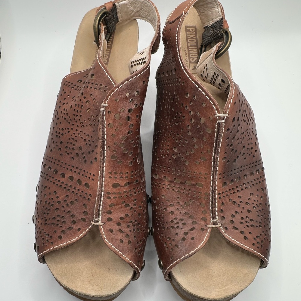 PIKOLINOS Benissa Laser-cut Leather Wedge Sandals, Casual, Weekend, Resort, 10